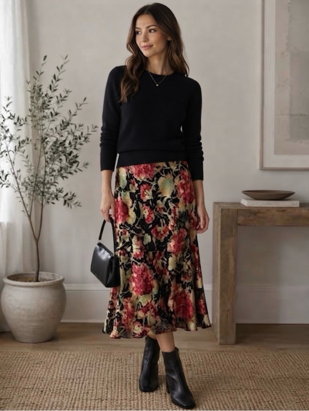 NWT Stitch Fix/Lauren Ralph Lauren Black Floral Warercolor Midi Skirt | Size 12